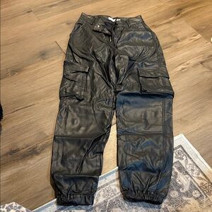 Black leather cargo joggers